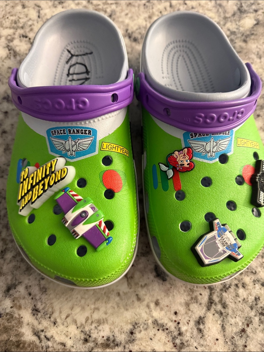 CROCS  Green and Purple Lightyear Theme Clogs with Charms